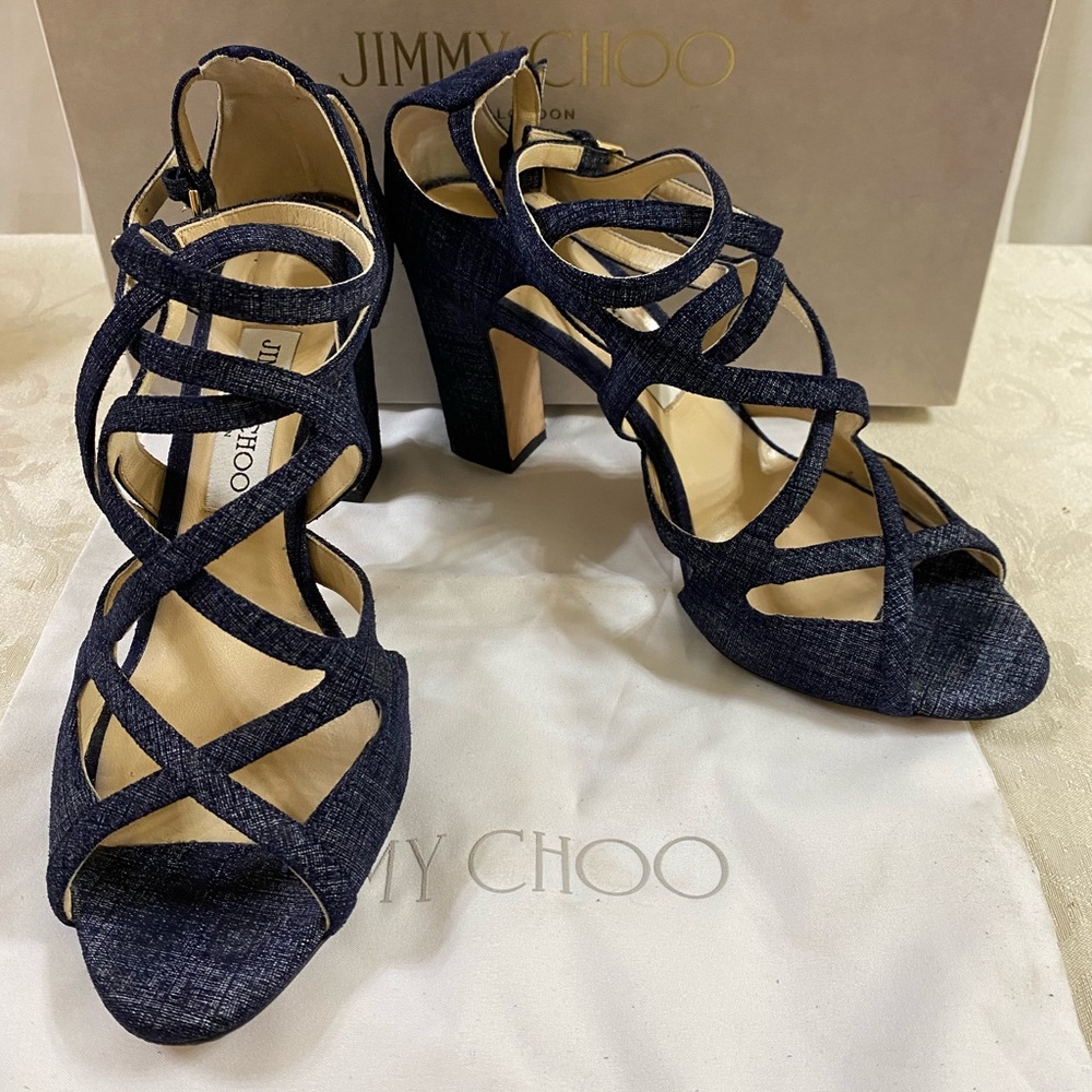 🆕 Jimmy Choo Dillan Cage Denim Sandals Heels,in Box - Picture 2 of 8
